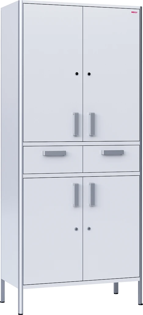 Medical cabinet, two-section, two-leaf, made of aluminium profile and plastic laminated board, with two drawers.