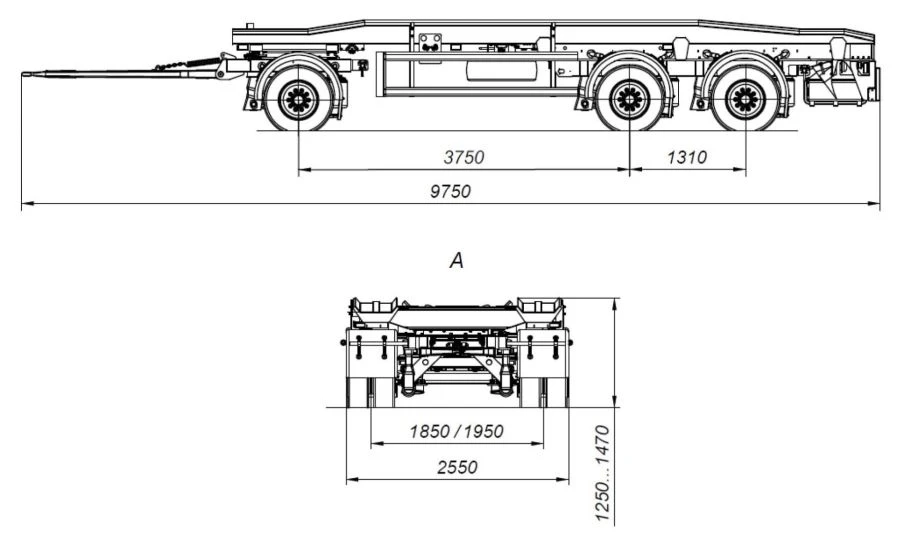 Three-axle container trailer AM8460-11A with axles PLANT 1204-2410002 with load capacity 12 tonnes