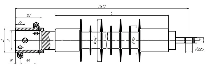 Cantilever rod insulator with ribbed shell made of organosilicon rubber KSPKr 120-25/0,95I-2
