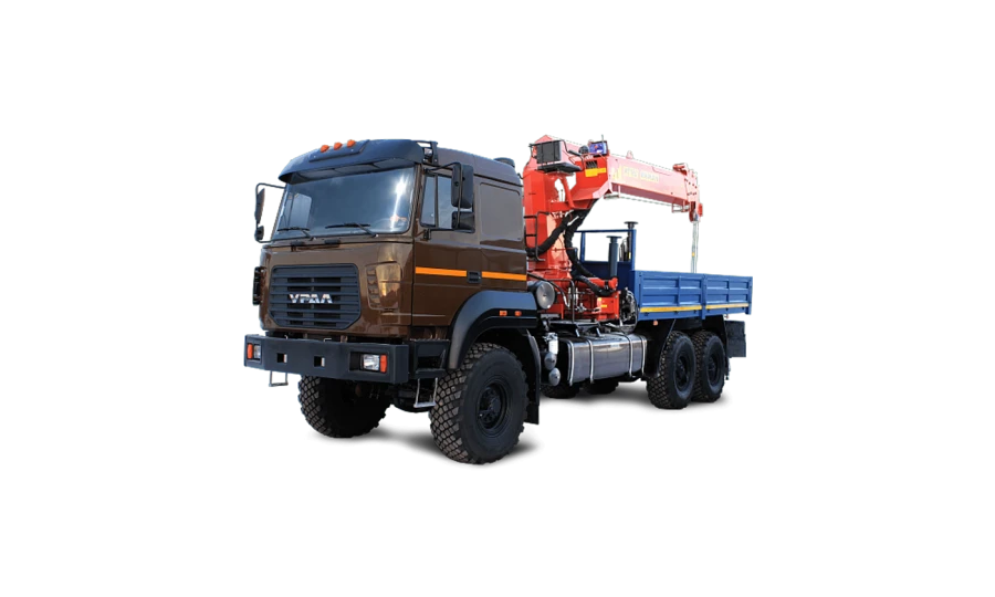 Special cargo flatbed truck BORUS 48221 equipped with crane-manipulator INMAN JSC IT 150 on chassis URAL 43