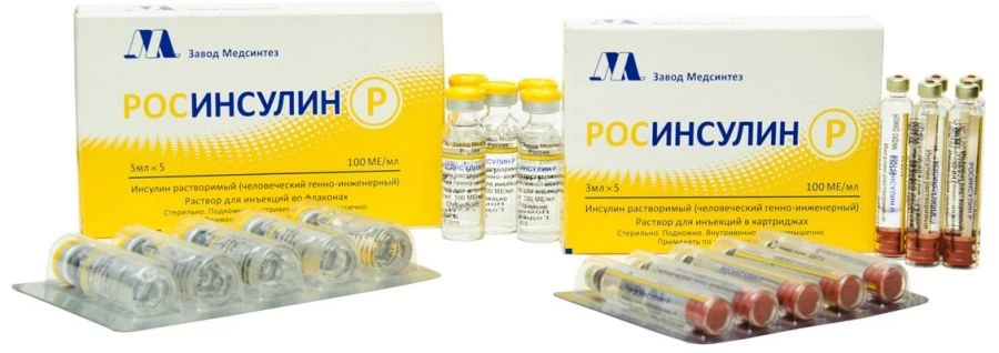 Rosinsulin P, 100 IU/ml (cartridge+syringe pen), 3 ml x 5. (INN: Soluble [human genetically engineered] insulin)