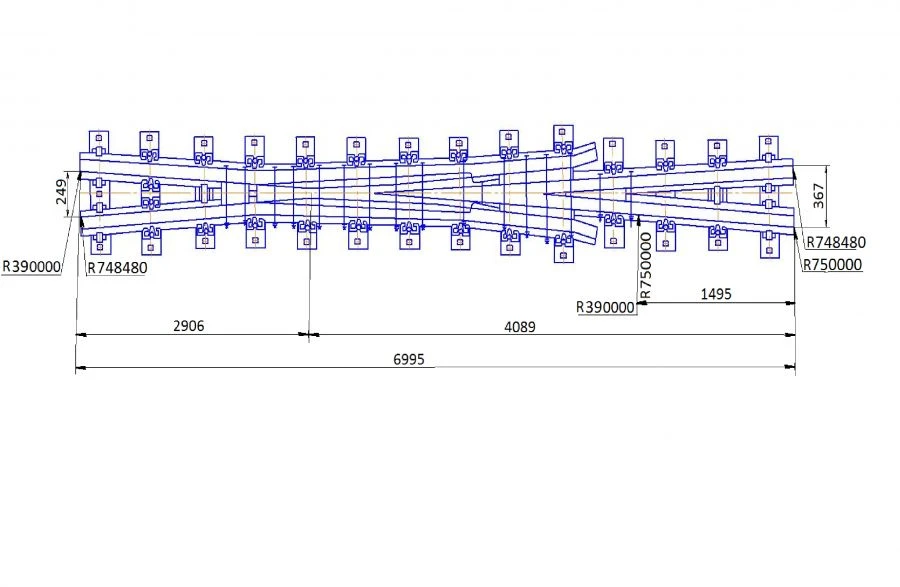Cross member of type P65 of grade 1/11 with radii of 750 m and 390 m of project 2925.03.000.000