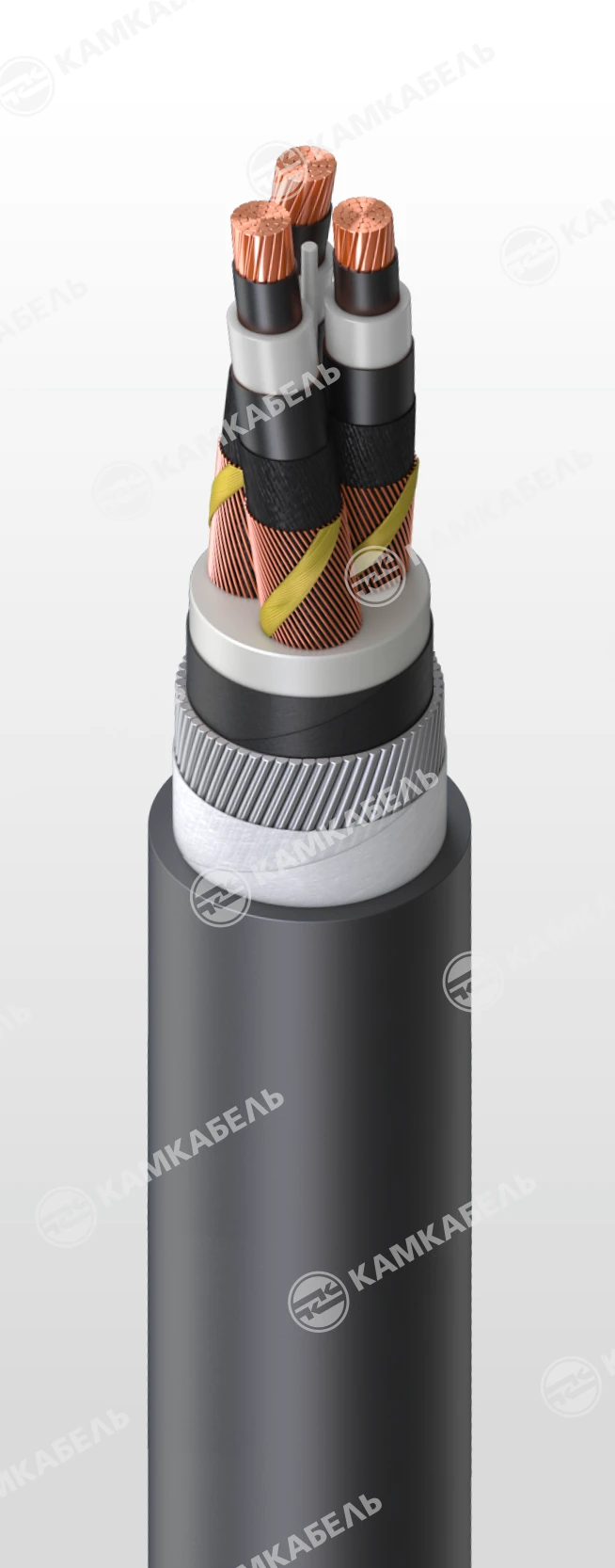 Power cable with copper conductors insulated with cross-linked polyethylene for voltage 6, 10, 15, 20, 30 and 35 kV of PvKaPgng(