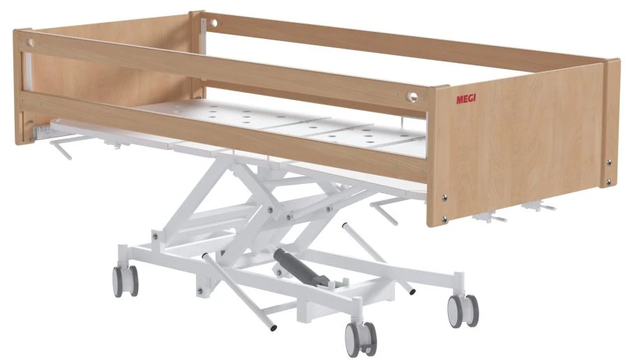 MEGI Strong 6 Functional medical bed with hydraulic height adjustment, wooden backrests, wooden slatted slats