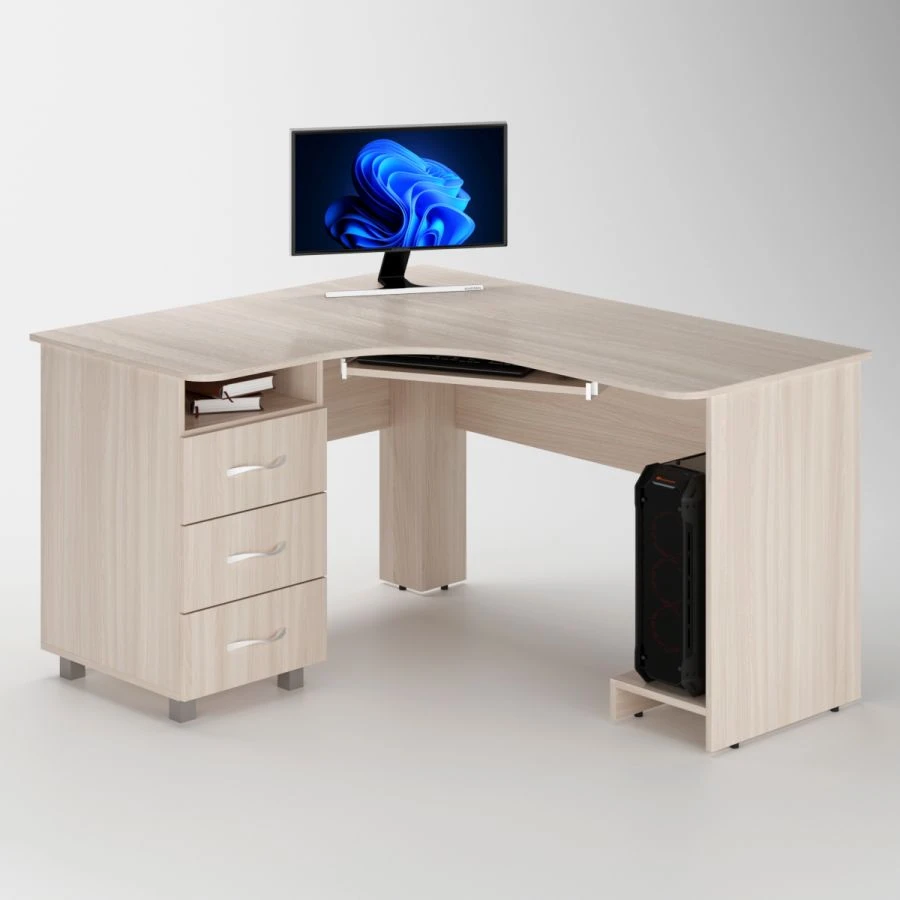 Corner office desk with a cabinet and a stand for a system unit