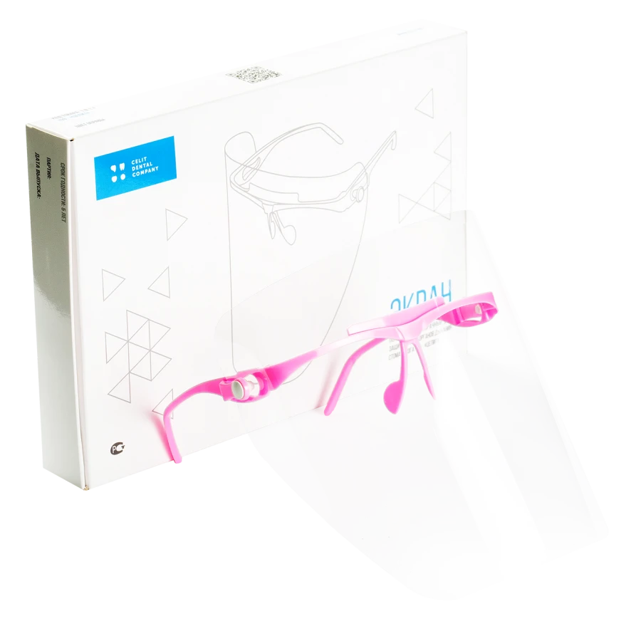 Screen "E3-CELIT" polymer transparent screen for eye and respiratory protection of dentist, 1 frame, 5 shields, frame colour pin