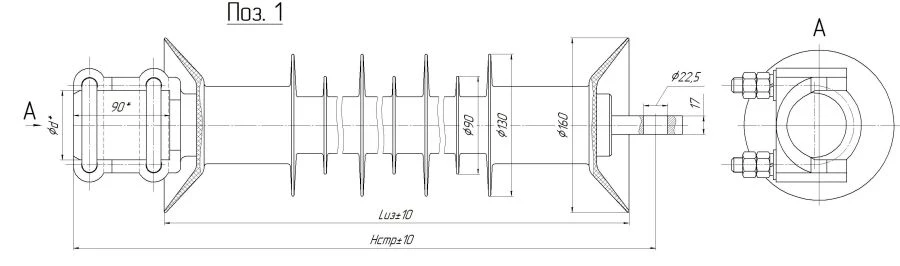 Cantilever rod insulator with ribbed shell made of organosilicon rubber KSPKr 160-25/0,95-P-80