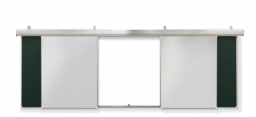 Rail system of sliding auditory boards of magnetic marker-chalk boards "Segment".