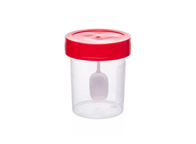 Polymer container with lid and spoon for biological material, 60 ml, non-sterile