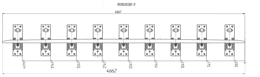 Counter rail from profile SP850 with complete set of pads with stop and fastenings for SP t. R65 m 1/11 pr. 2764 (MP 380.00.000-