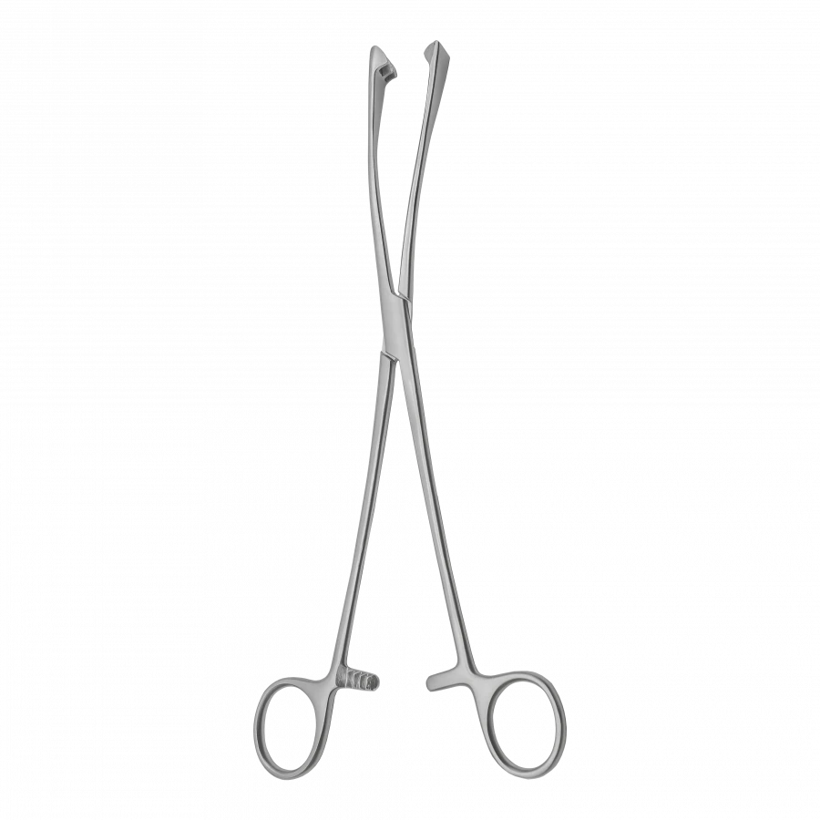 TSH-04-045-26 3-tooth uterine forceps for pulling off the uterine body, curved along the rib, 260 mm