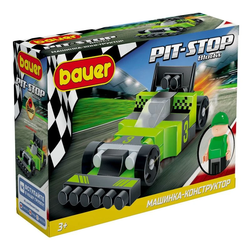 The toy children's educational constructor Bauer series "Pit Stop" set "Racing car" in a box (colour black, green). 38 elements