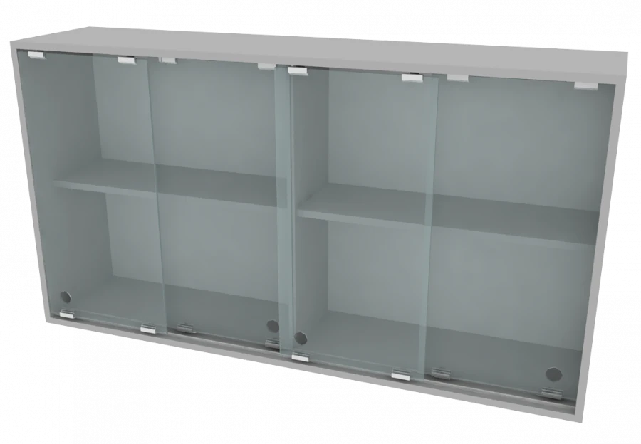 Hinged shelving unit with sliding fronts (glass) 1300x300x700mm (WxHxH)