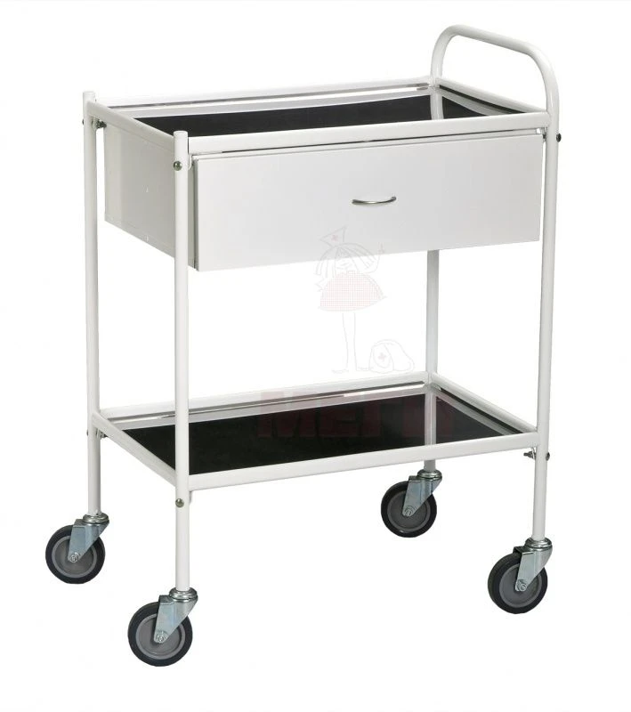 ??548-MSK(???-548) Mobile metal manipulation table for dentist, on wheels, with two stainless steel shelves and sliding drawers.
