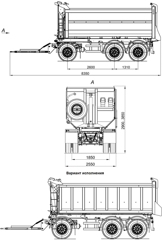 Three-axle tipping trailer 8595 with axles HJD13Y30S18-1840T16-060 with carrying capacity of 12 tonnes