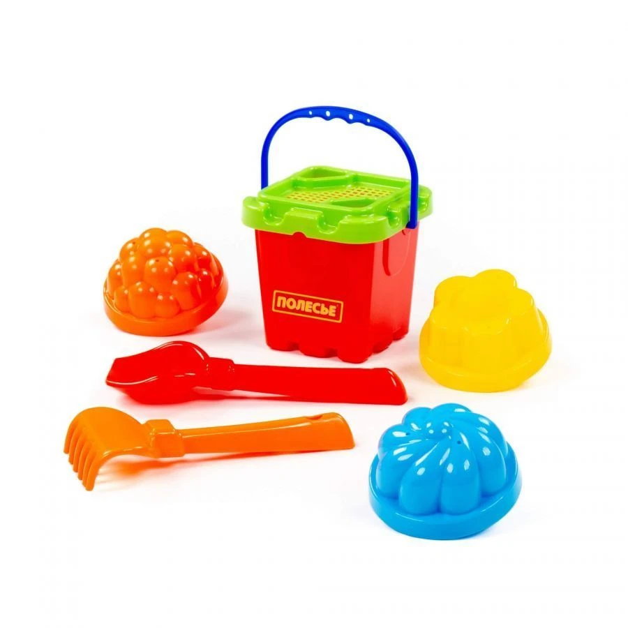 Set No. 261: small fortress bucket, fortress strainer, trowel No. 2, rake No. 2, 3 moulds, Article No. 7123