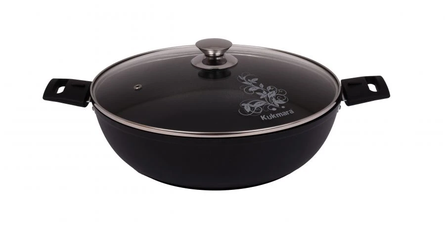 Cast aluminium sauté pan 300/85mm (with non-stick coating) TM Kukmara,b with glass lid, with removable Bakelite handles, "Marble