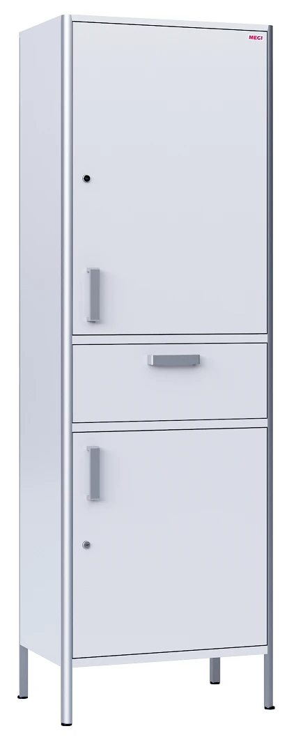 Medical cabinet, two-sectional, single-leaf, made of aluminium profile and laminated plastic board, with drawer, with drawer, wi