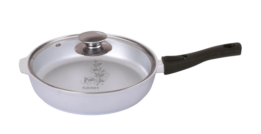 Frying pan 280/65mm (uncoated) cast aluminium Kukmara TM, with removable Bakelite handle, glass lid