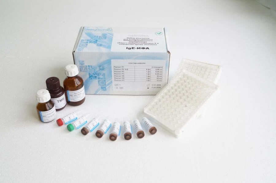 Reagent kit for the quantitative enzyme-linked immunosorbent assay of total immunoglobulin E in human serum (IgE- ELISA).