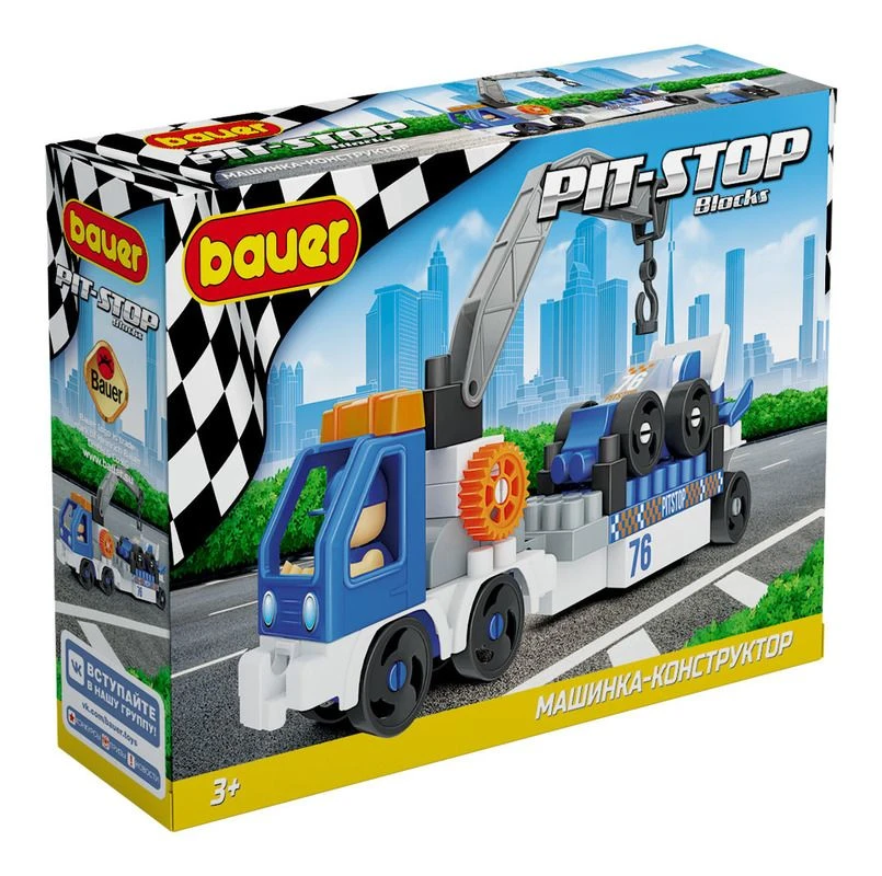 Children's developmental toy Bauer series "Pit Stop" set "Tow truck and racing car" in a box (colour white, blue)