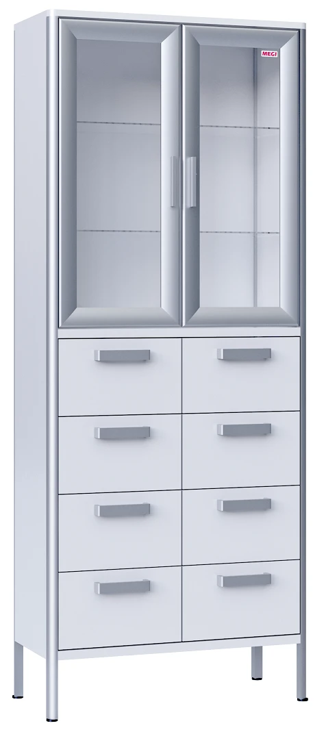 Medical cupboard, two-section, two-leaf, made of aluminium profile and laminated plastic board, with glass shelves