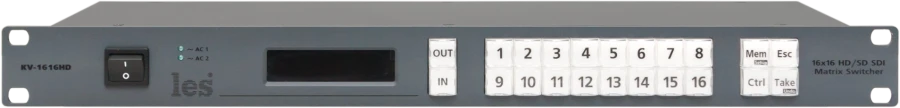 KV-1616HD - 16x16 3G/HD/SD-SDI video matrix switcher. Local and remote control, 2 UPS.