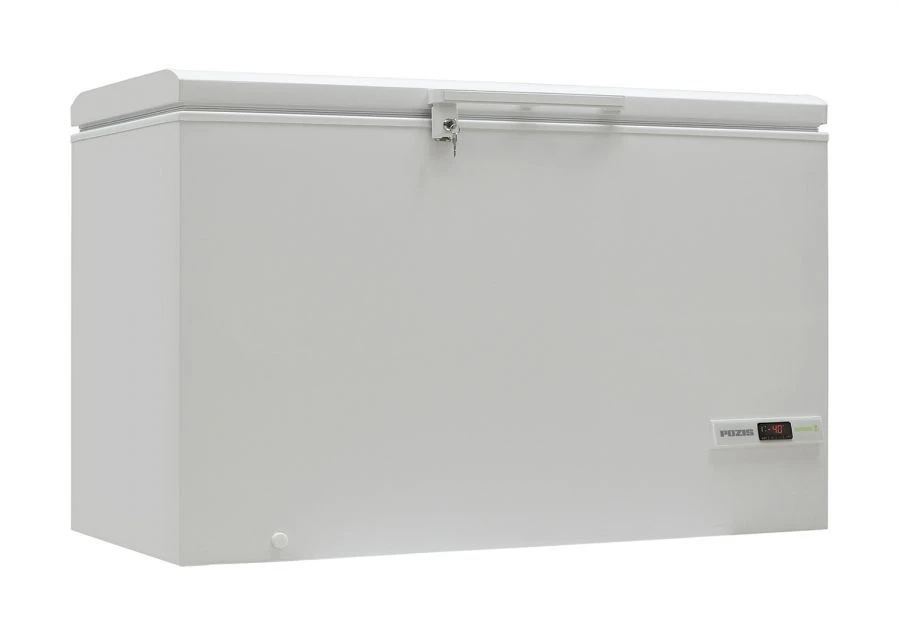 Microprocessor freezer with sound and light signalling and temperature display for storage of frozen blood plasma.