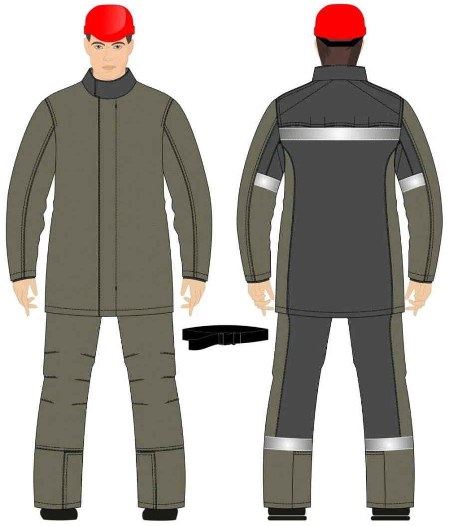 Men's suit (jacket, trousers) made of flame-resistant cotton fabric and thermo-flame-resistant fabric made of a mixture of chemi