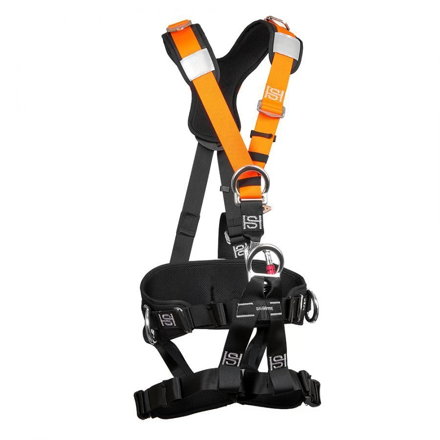 Safety harness with integrated belt for holding and positioning, attachment elements for working in sitting position.