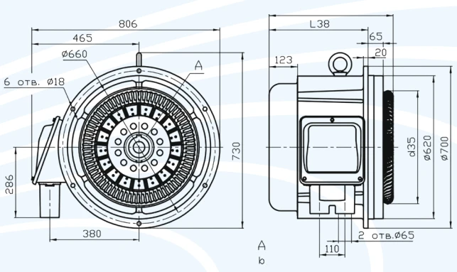 Electric motor AIN 45/90-A12/6 with power of 45 kW AC asynchronous with squirrel cage rotor, attached to comp.