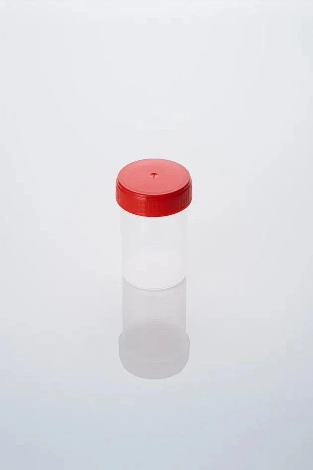 Disposable medical polymer sterile 60 ml container with screw cap.