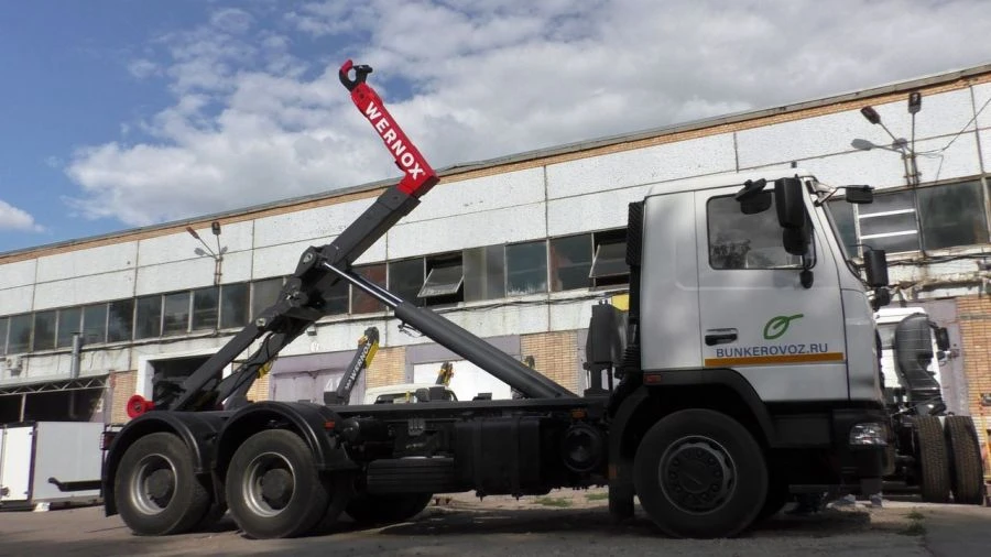 WERNOX 67077-5N33 container refuse truck, modifications 67077R-51, 67077R-52, 67077R-53, on MAZ-6312C3 chassis.