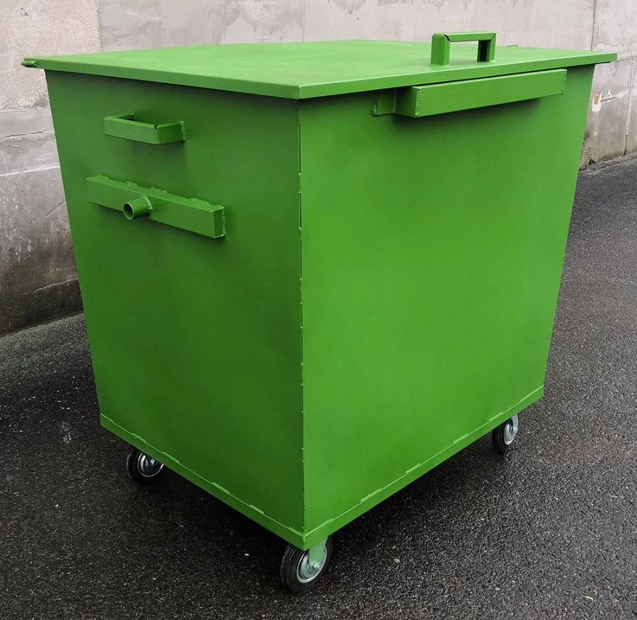 Waste container welded steel green 700L for household waste with hinged lid on hinges