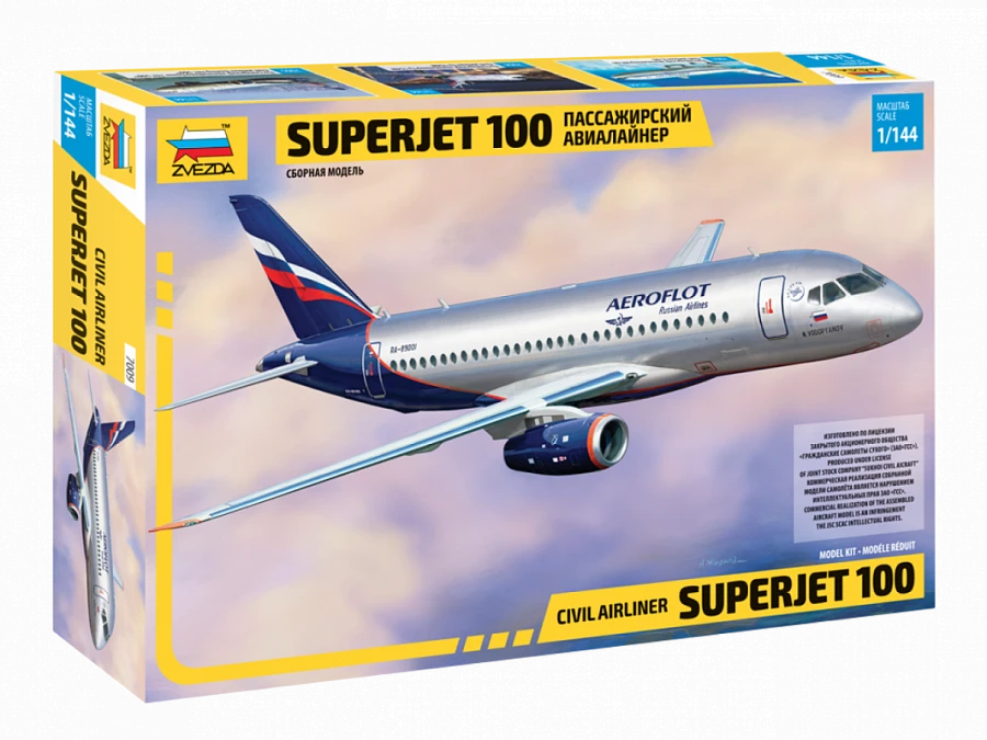 Assembled model Superjet 100 regional passenger airliner