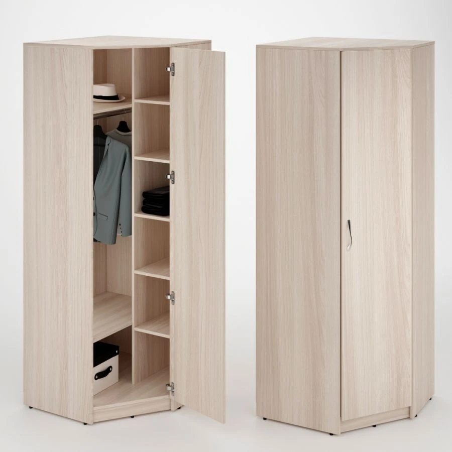 Corner cupboard with chrome-plated rod and shelves.