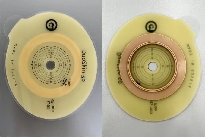 Rehabilitation device for stomical use in colostomies, ileostomies and urostomies: flat plate, convex plate.