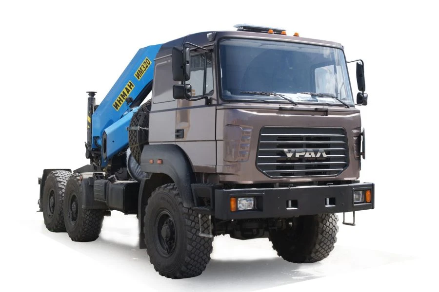 Special purpose vehicle with hydraulic loading crane of KMA type on the basis of URAL 4320 and its modifications U1K02N-Z322