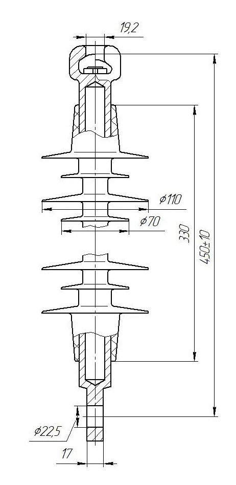 Suspension rod insulator with ribbed sheath made of organosilicon rubber PSPKr 120-25/0,95-GU
