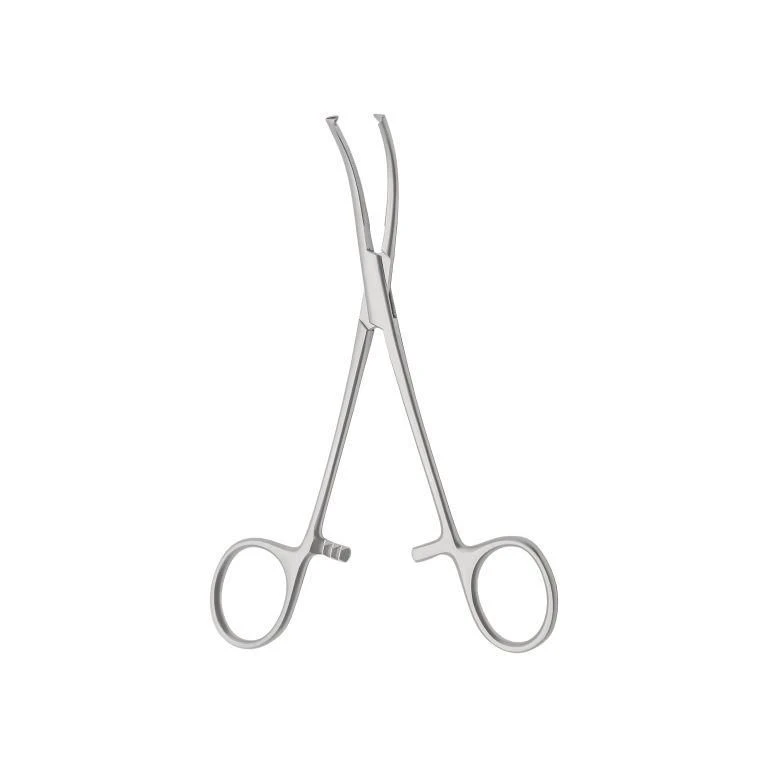 TZ-01-307-16 Clamp with cremalier for attaching surgical linen to peritoneum, curved, 160 mm
