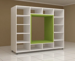 2-sided shelving unit with a square seat