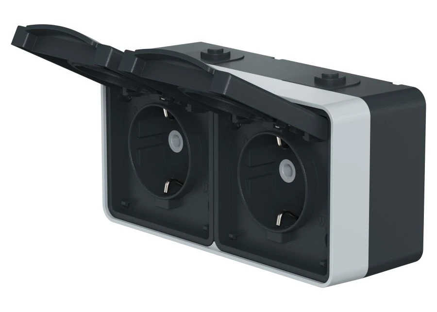 CADUCEUS ALING Protecta Double socket for open wiring, earthed with bridge jumpers with plastic base