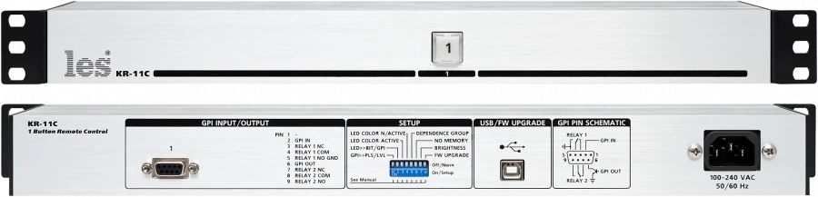 KR-11C - Active control panel. 1 button, GPI output/input signals, USB for remote control, built-in power supply.