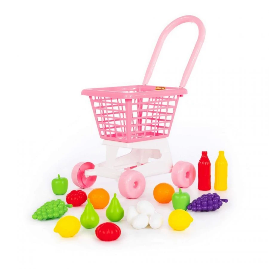 Supermarket trolley 1x1 (pink) + grocery set (in a net), article number 68477