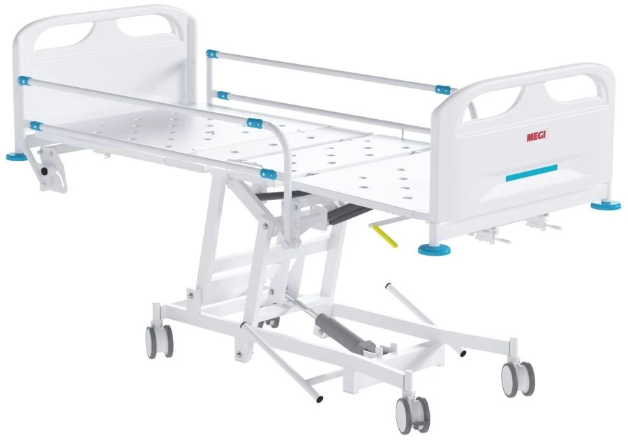 MEGI Strong 1 Medical Functional Bed with hydraulic height adjustment, plastic backrests, slatted side panels.