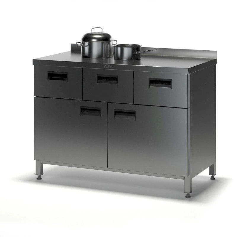 SGDR-2 pedestal table with doors and drawers (stainless steel), with sideboard