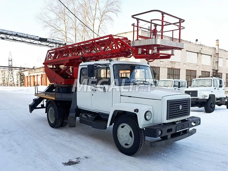 Self-propelled boom lift with working platform PSS-131.18E with ladder-type boom on the basis of GAZ-3309, 33098, 33086 chassis.