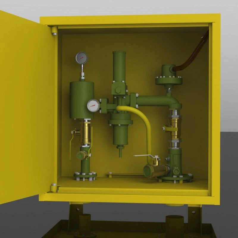 Closet gas pressure reducing unit (GRPSh) with one line of reduction ShBDG 12/3-600 on the basis of regulator RDK-KASPI-12/3-600