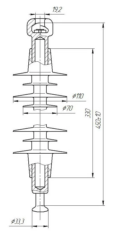 Suspension rod insulator with ribbed shell made of organosilicon rubber PSPKr 120-25/0,95-D-GP