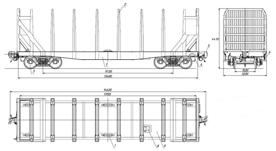 Wagon-platform for transporting timber and large-tonnage containers, model 13-6707 project GRUV-1019.00.00.000